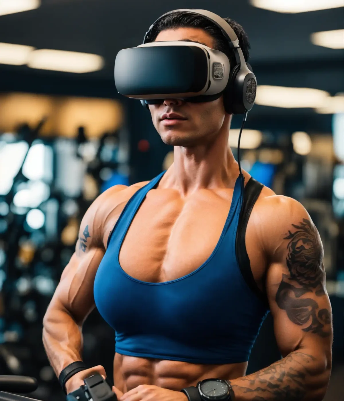 Wearing a big VR Headset. A woman with short black